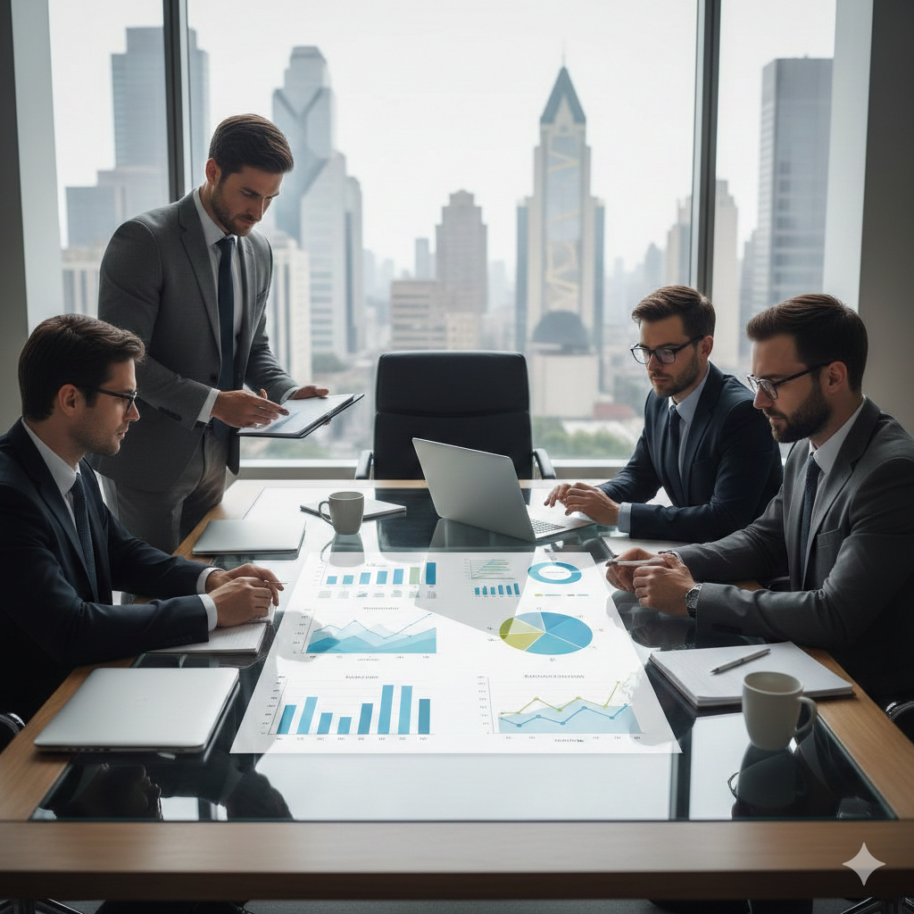 Financial advisors analyzing investment charts and wealth planning strategies for long-term growth