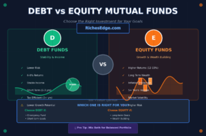 Comparison of debt vs equity mutual funds showing risk levels, returns, and investment strategy differences