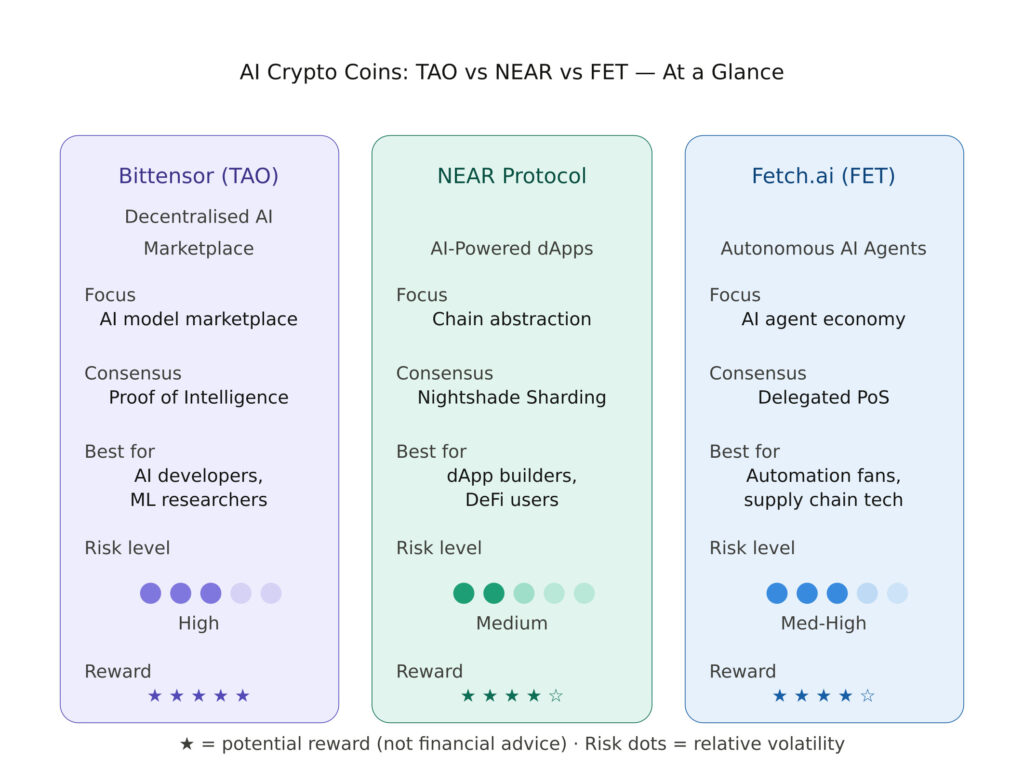 AI crypto coins comparison TAO NEAR FET features risk reward