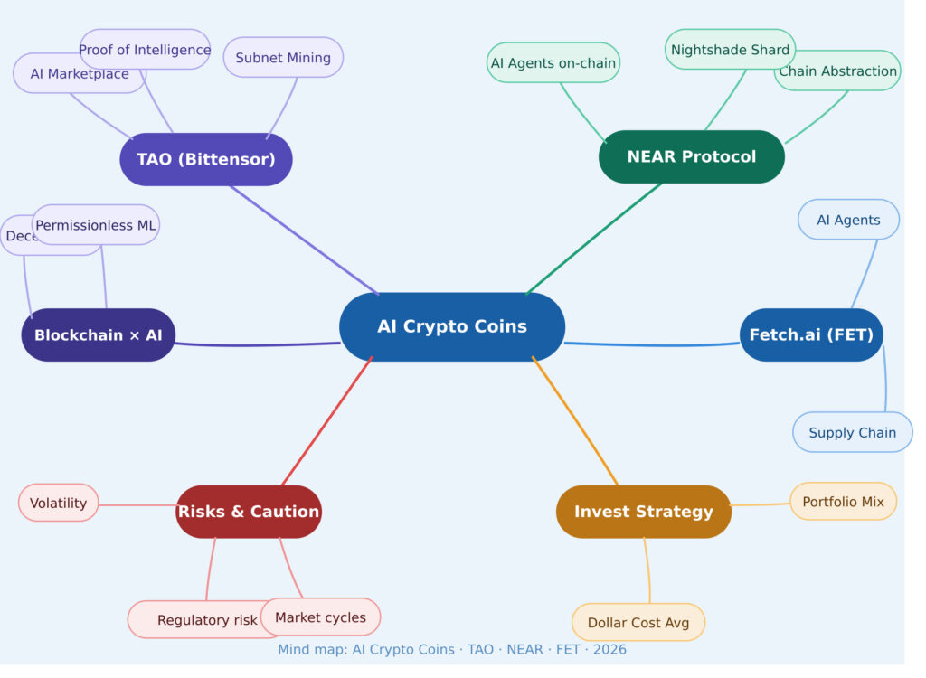 AI crypto coins mind map TAO NEAR FET blockchain investment strategy